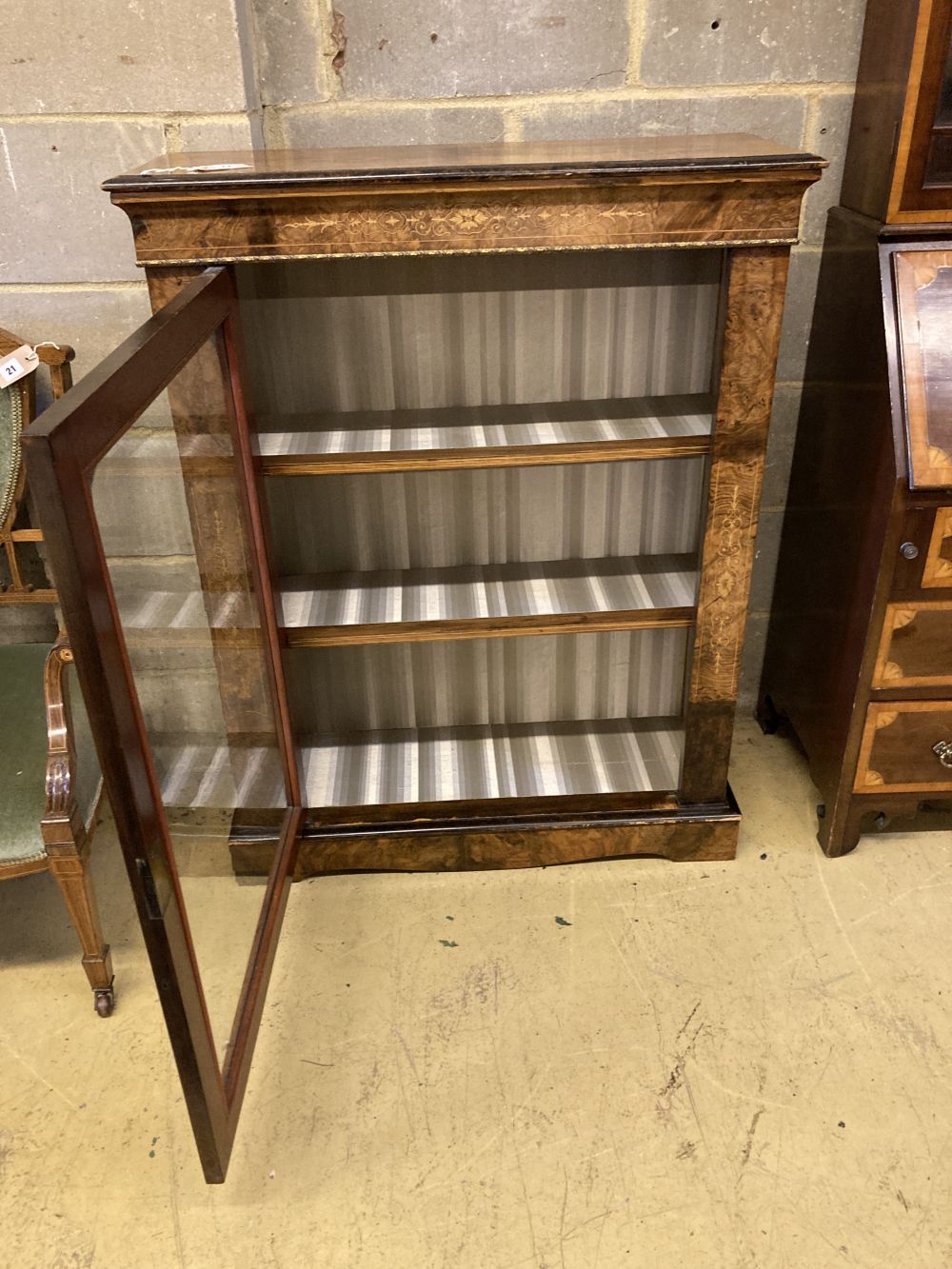 A late Victorian inlaid walnut pier cabinet, width 85cm, depth 31cm, height 109cm